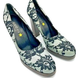 Gucci Authentic Black Silver Lace Satin High Heels